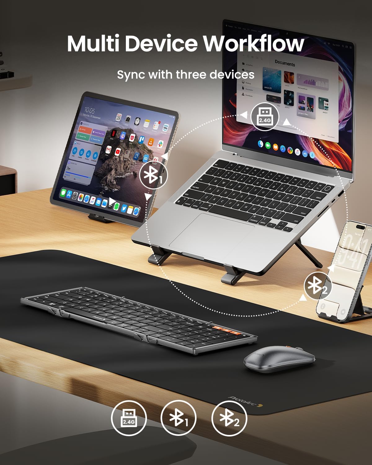 ProtoArc XKM01 Pro Backlit Foldable Keyboard and Mouse, Full Size, Gray