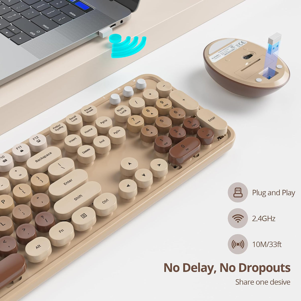 Brown Wireless Keyboard and Mouse, Cute Keyboard and Mouse Combo, Full Size Typewriter Keyboards with Number Pad, Colorful Key Board for Pc Laptop