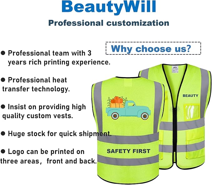 Mesh Safety Vest Custom Logo Class 2 High Visibility Reflective Vest with Pockets Construction Security Work Vest（Yellow，L）