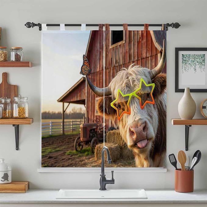 Farm Yaks Bedroom Curtains 72 Inch Length, Window Curtains Tab Top, Farmhouse