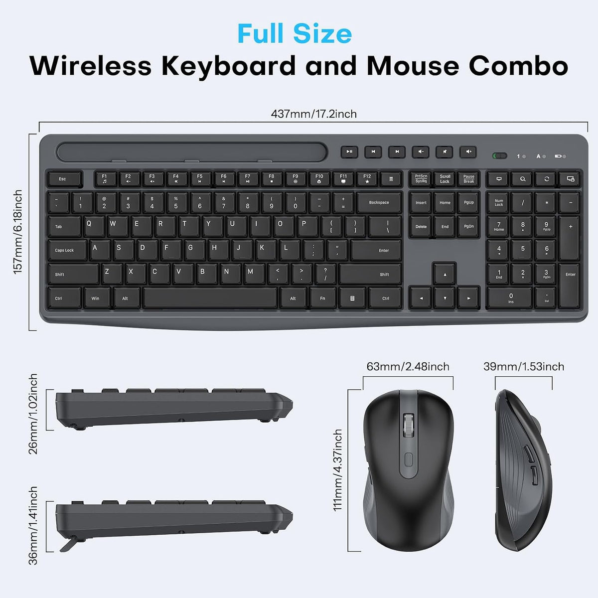 OMOTON Wireless Keyboard and Mouse Combo, 2.4G Quiet Set with Phone Holder