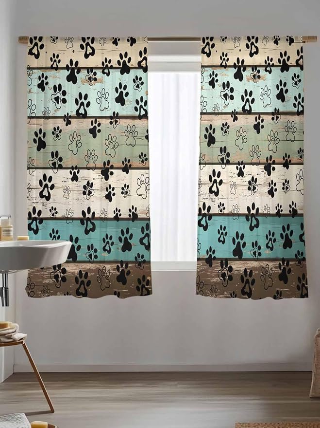 Sheer Curtains 72 Inches Long, Sage Green Brown Paw Prints Semi Sheer Curtains