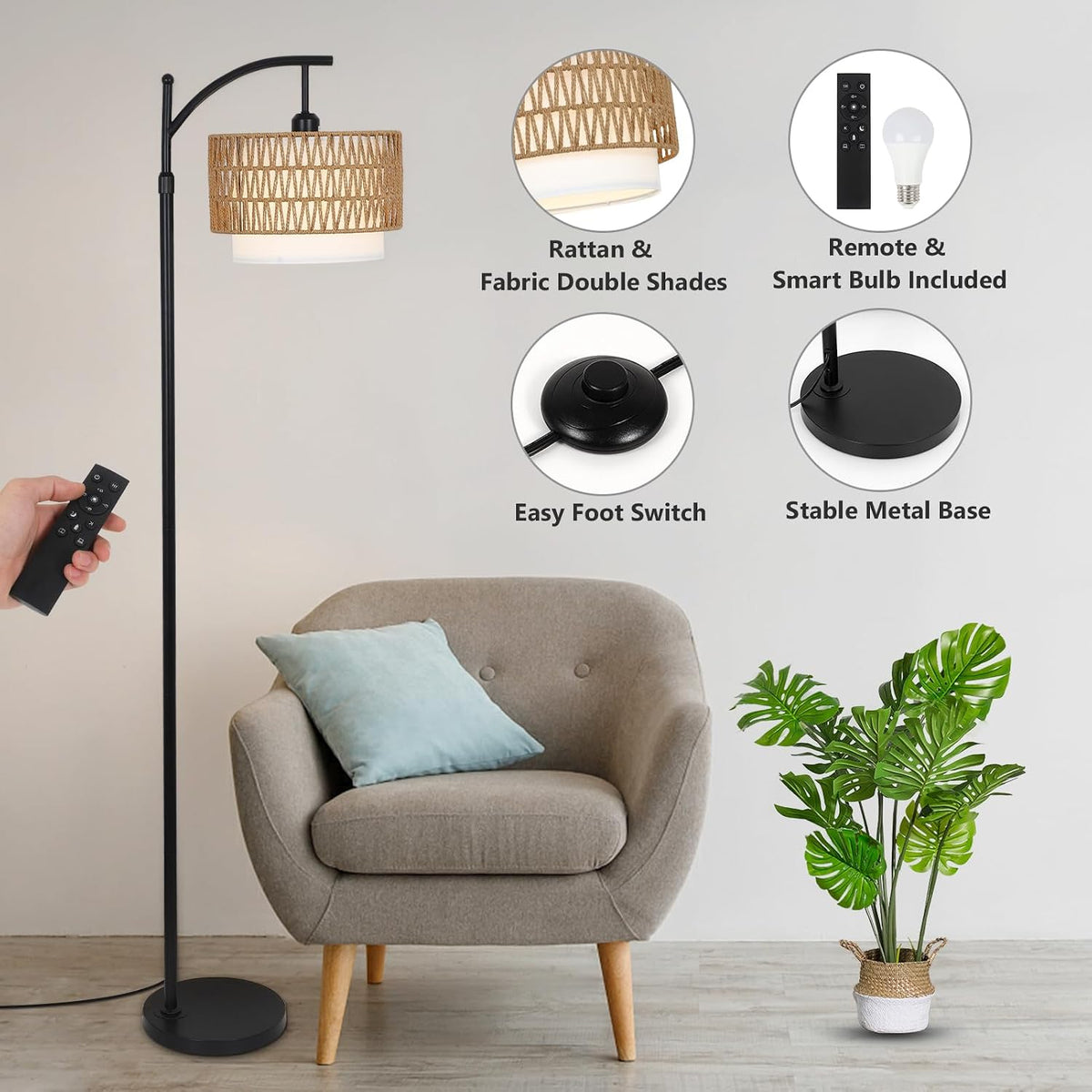 Arc Floor Lamp for Living Room with 3 Color Temperatures, Farmhouse Floor Lamps with Remote & Dimmable Bulb, Boho Standing Lamp with Rattan & Fabric Shades, Adjustable Tall Lamp for Bedroom, Office
