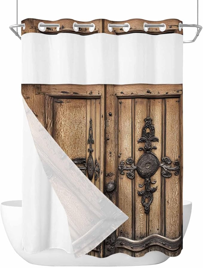 Wood Barn Door No Hook Shower Curtain