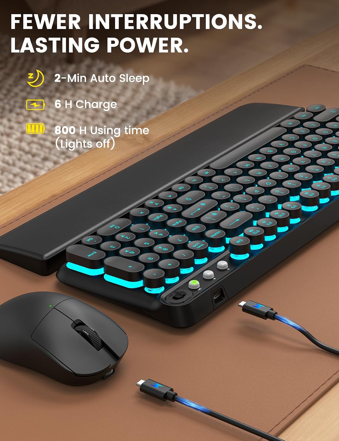 SABLUTE RGB Backlit Wireless Keyboard and Mouse Combo with Retro Round Keys