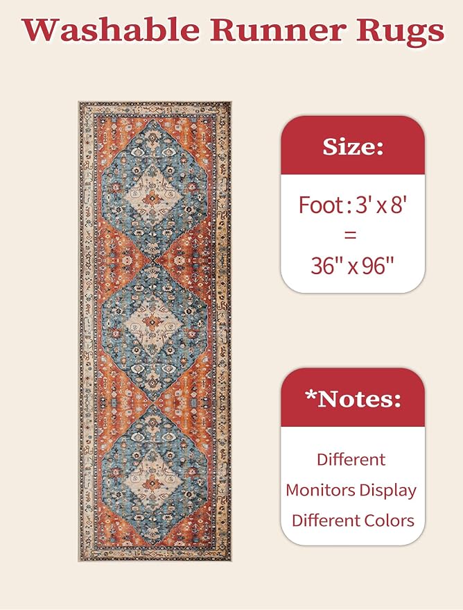 SERISSA Runner Rug for Hallways, 3x8 Washable Non Slip Kitchen Runner Rug