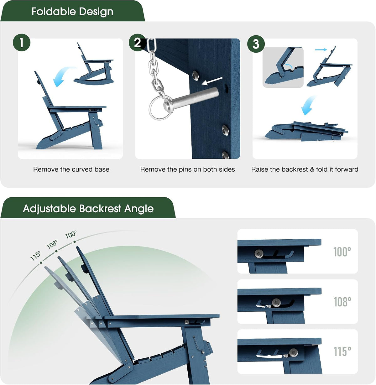 4-in-1 Rocking Adirondack Chair Set of 2, HDPE, Footrest, Navy Blue