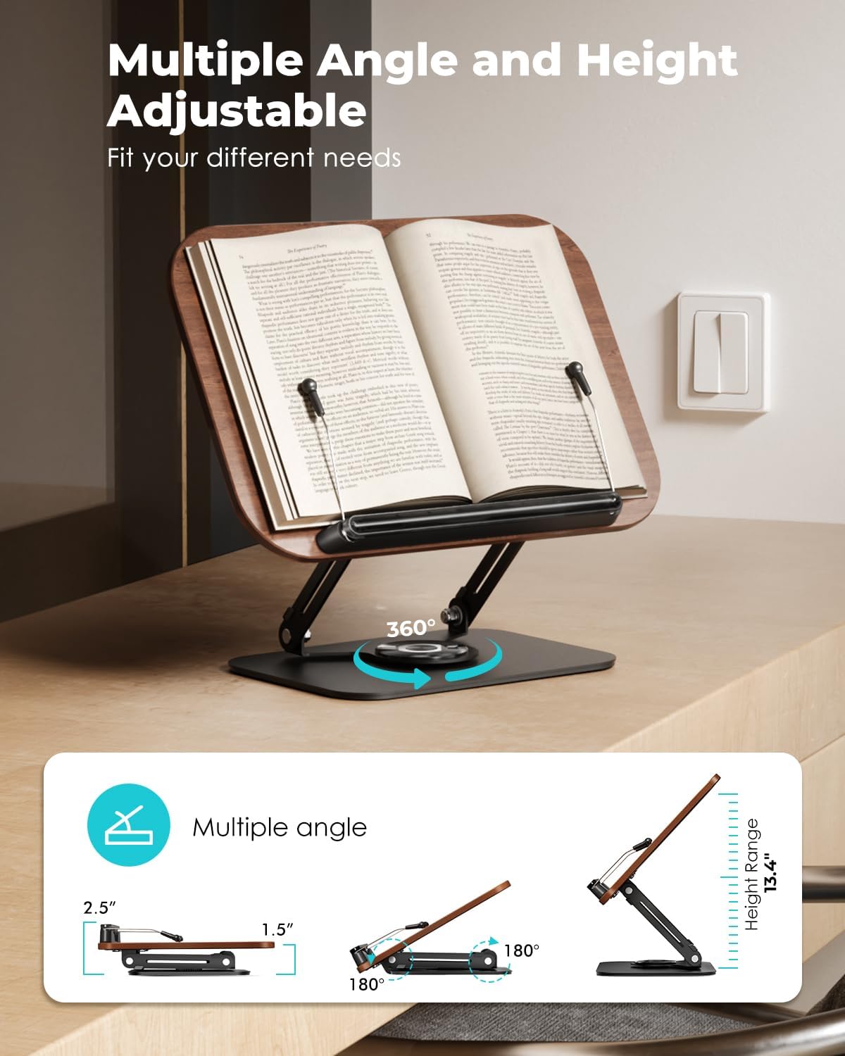 Viozon Book Stand for Reading,Book Holder, Height&Angle Adjustable, 360° Rotating Base, Foldable and Portable, Lightweight for Office, Kitchen, School Textbook, Recipe, Magazine,Kindle,Tablet DW