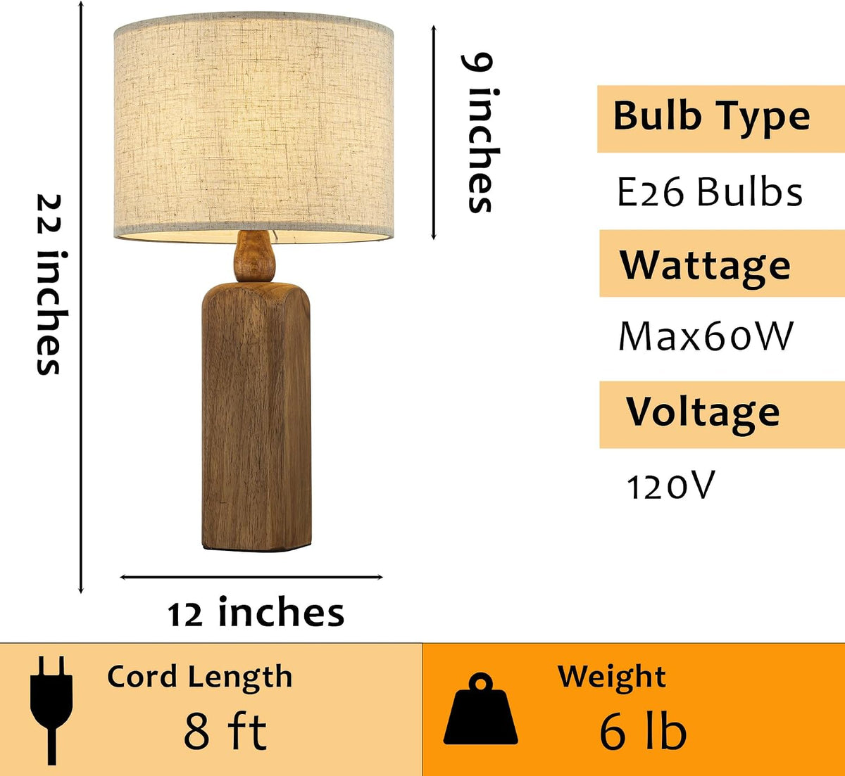 Natural Wood Table Lamp W22 inch 1-Light Bedside Desk Lamp with Beige Fabric Drum Shade Small Nightstand Lamp for Bedroom Living Room Dining Room
