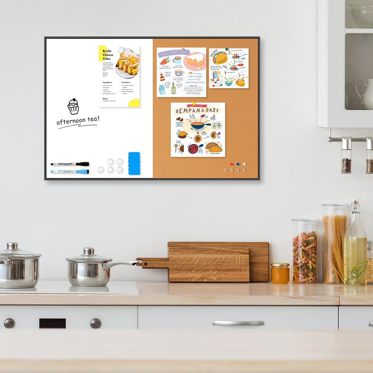 Magnetic Dry Erase White Board & Cork Board Combo, 24"x18", Wall Mounted