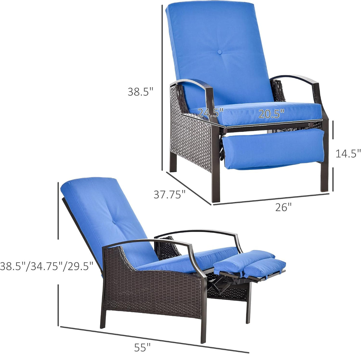 Outsunny Outdoor Recliner Chair, Reclining Patio Lounge Chair with Comfy Cushions, Footrest, Armrests, PE Wicker for Balcony, Porch, Blue