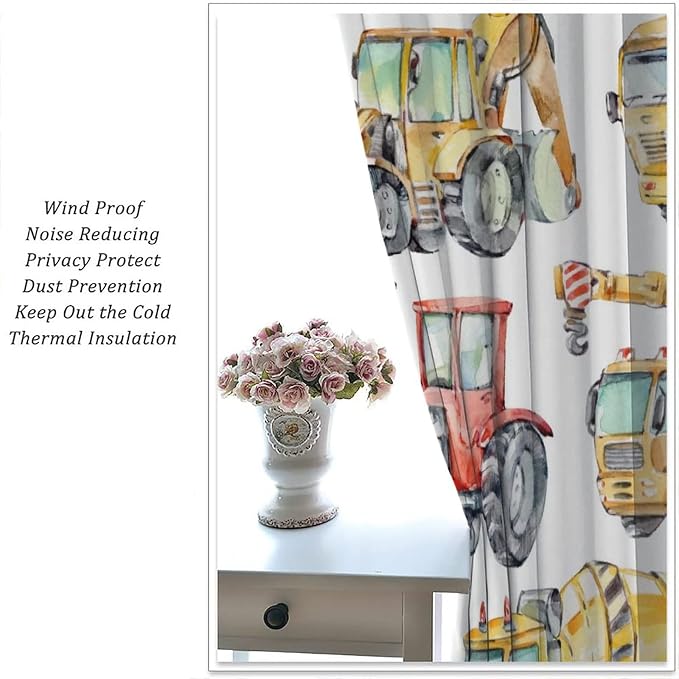 Kids Excavator Curtains, Retro Truck Tractor Machinery Construction Vehicle