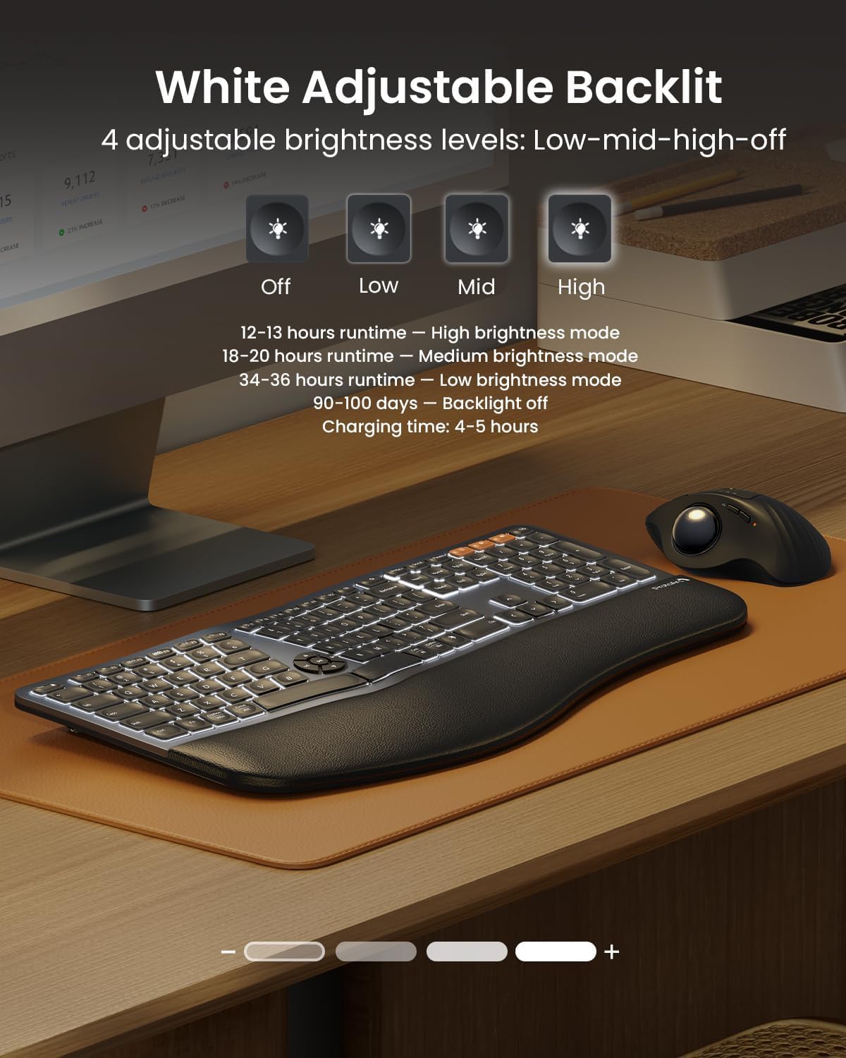 ProtoArc EK01 Plus Backlit Bluetooth Ergonomic Keyboard, Full Size, Grey