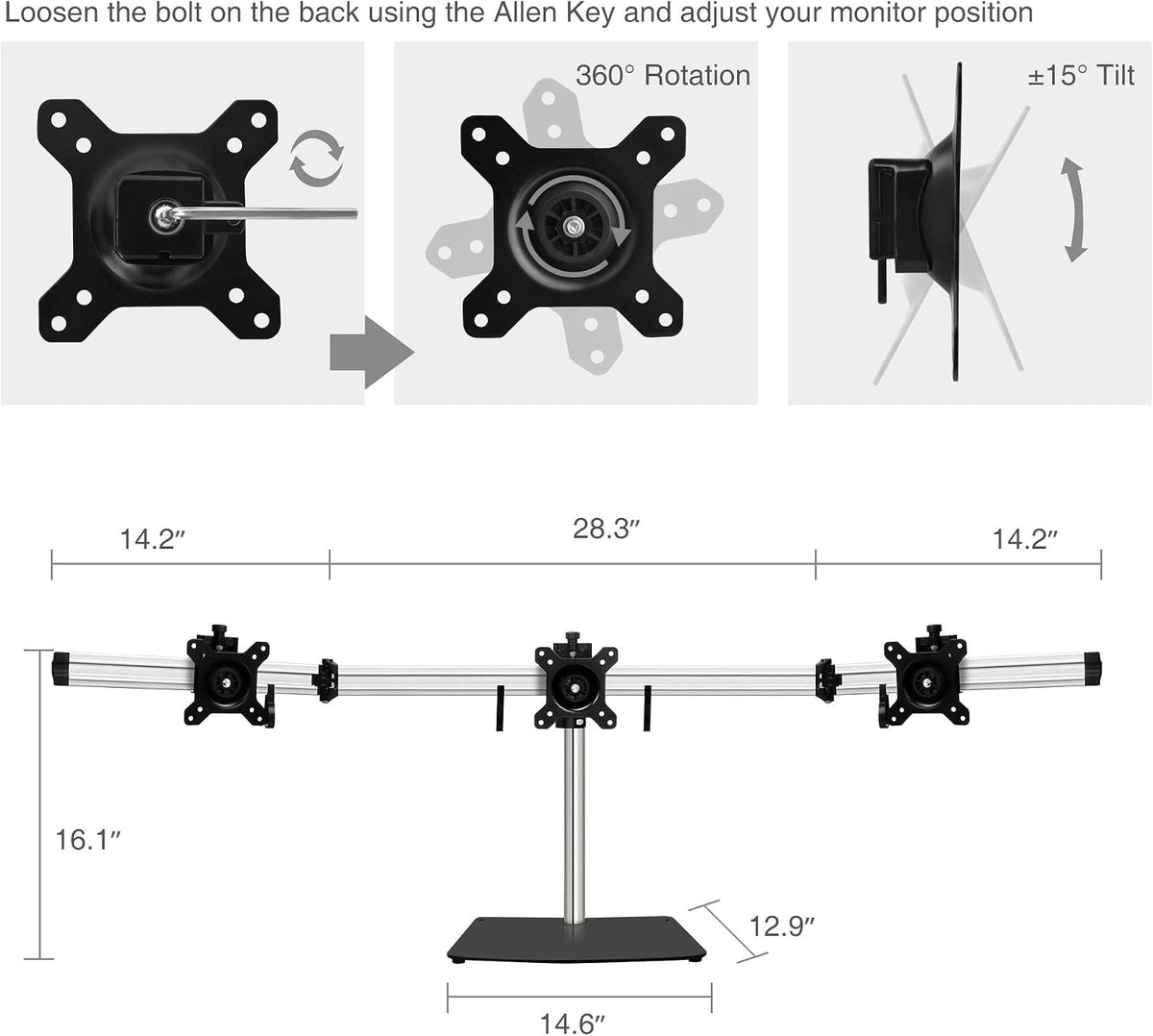 SIIG Premium Aluminum Triple Monitor Stand - 3 Monitors 13" to 27" Up To 17.6 lbs VESA 75 and 100 (CE-MT2111-S1)