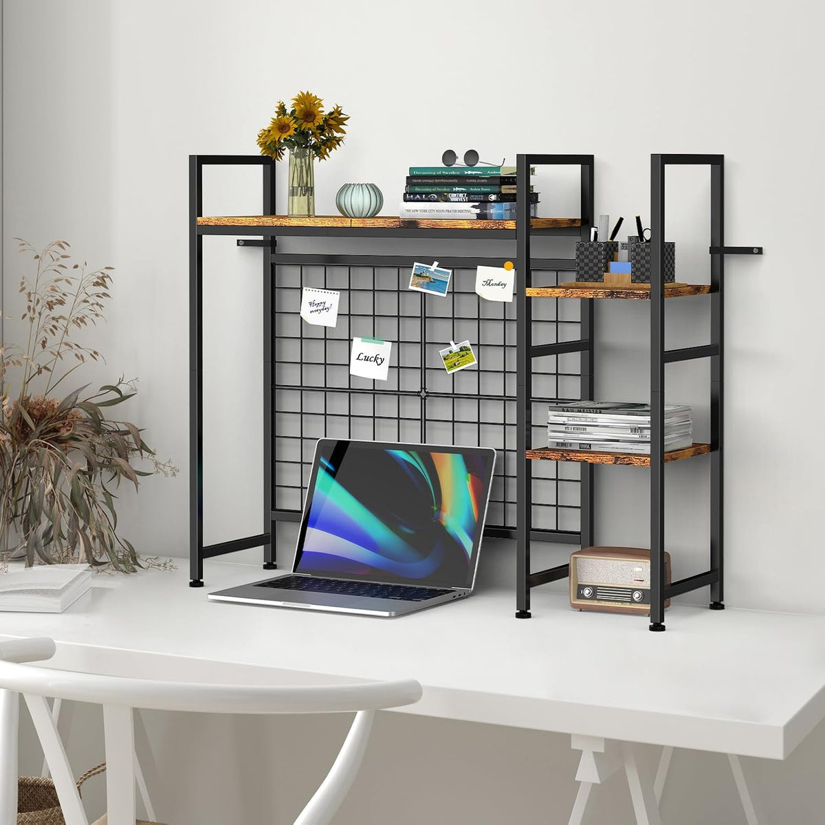 YBING Desk Shelf for Top of Desk Hutch - 4 Tier Computer Bookcase, Brown Wood Desktop Display Storage Rack Organizer for Home Office, Dorm