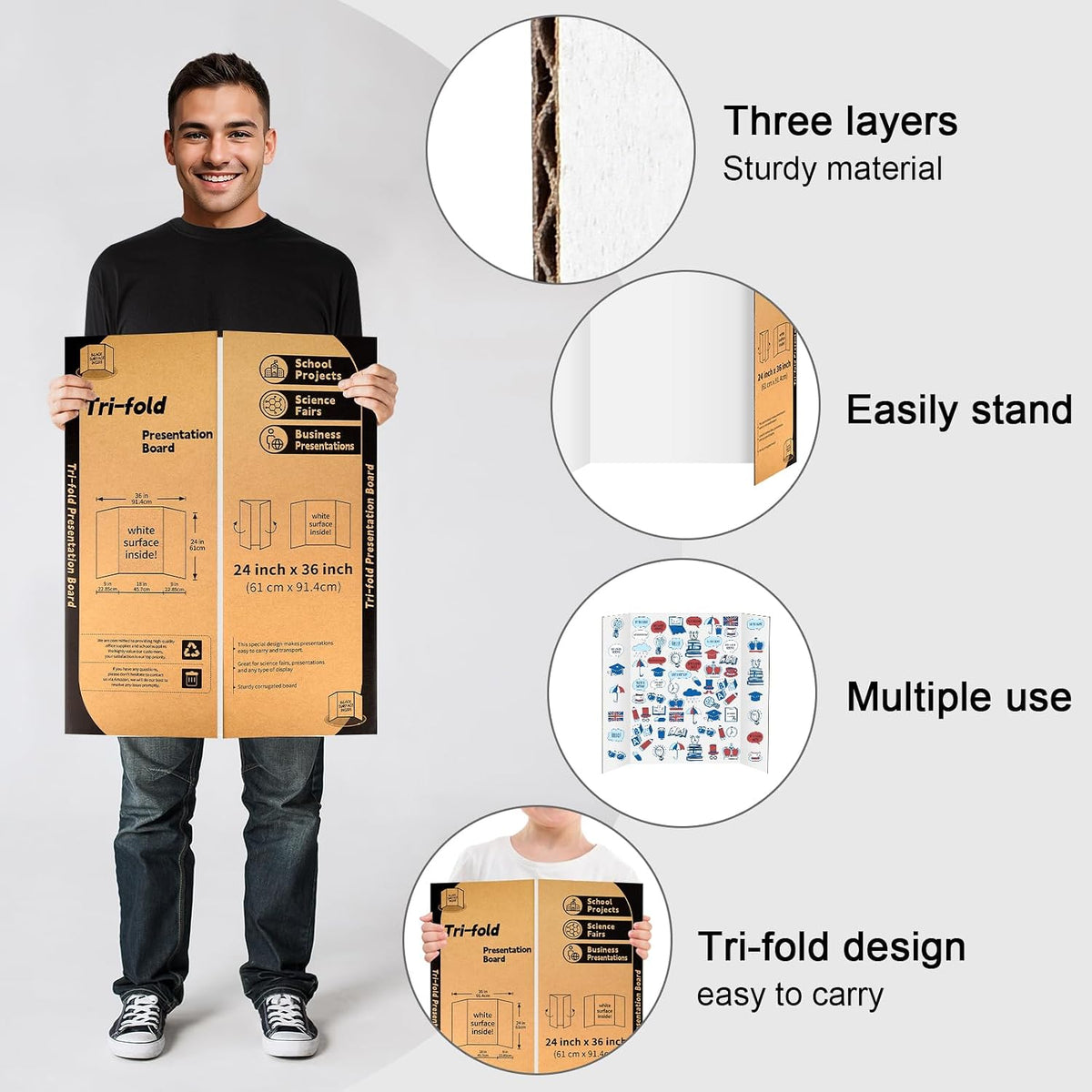 IKAYAS 6 Pack Trifold Poster Board 24" X 36" White Science Display Board