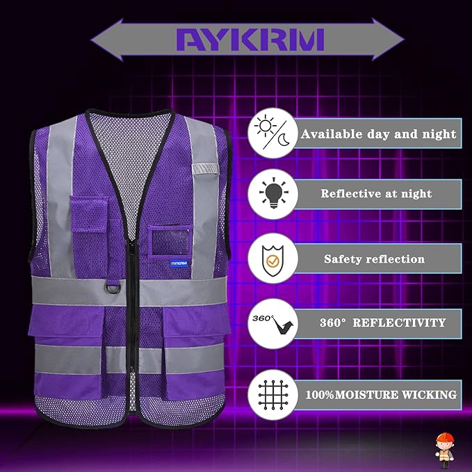 A-SAFETY High Visibility Mesh Safety Reflective Vest with Pockets and Zipper,Hi Viz Work Vest for Men Women (Purple Mesh XL)