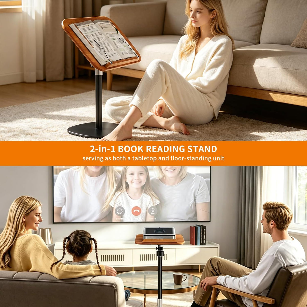 Adjustable Floor Book Stand with Wood Panel for Hands Free Reading