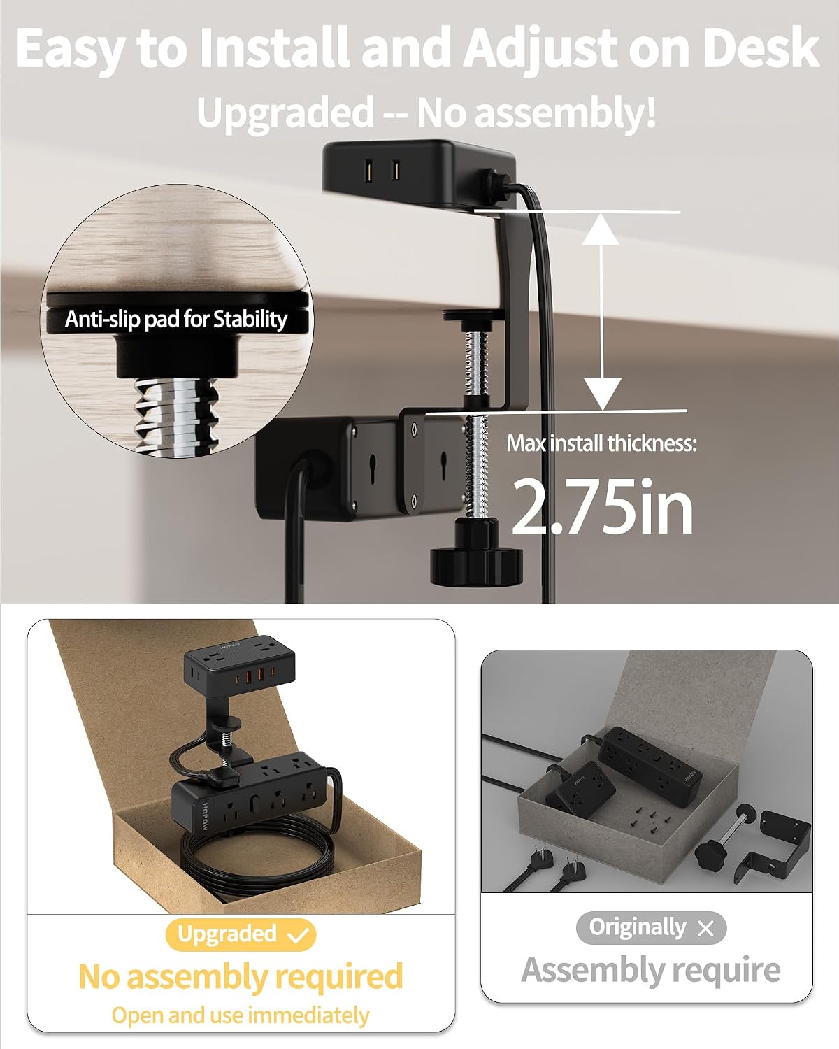HOPOW Dual Layer Desk Clamp Power Strip, 13 Outlets 4 USB, 10FT Cord, Black