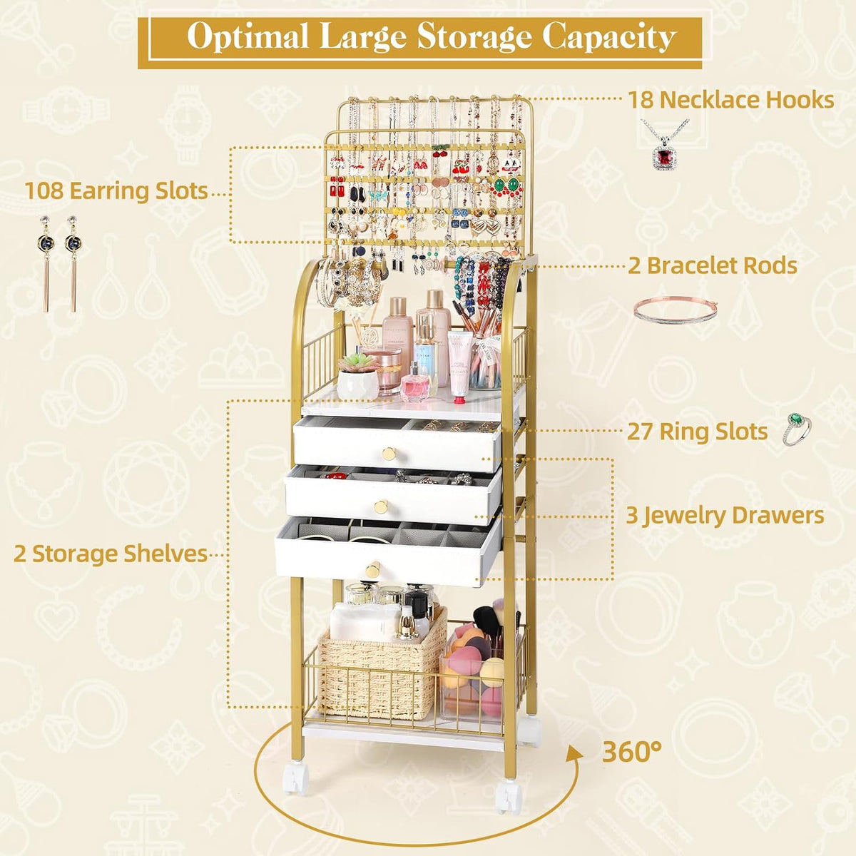 Keebofly Large Floor Jewelry Organizer Stand with 3 Drawers - Gold