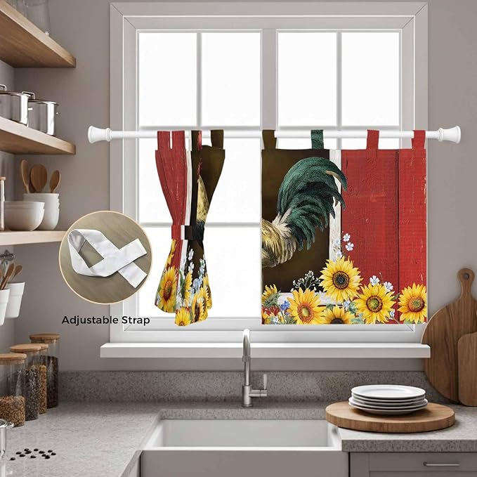 Chicken Sunflowers Kitchen Curtains 24 Inch Length, Small Window Curtains Tab