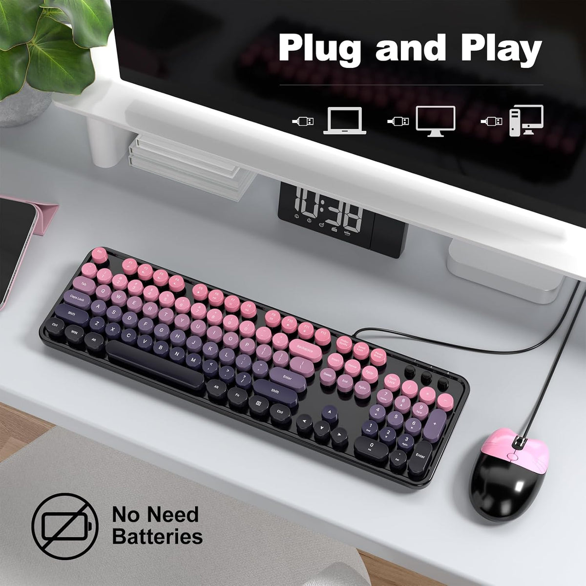 MOFII Wired Retro Typewriter Keyboard and Mouse Combo, Full Size USB Plug & Play for Windows PC Laptop- Plum Pink Gradient
