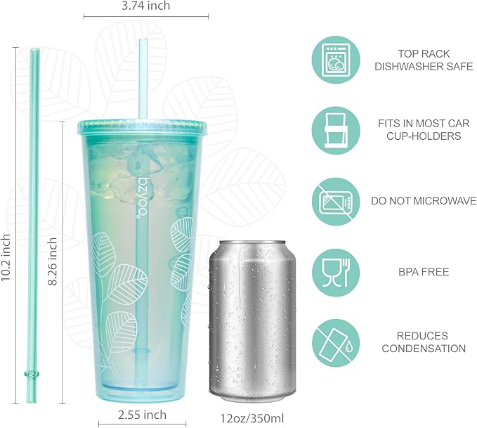 bzyoo 24oz Plastic Tumbler Cup, Lid & Straw, Iced Coffee, Pearl Green Leaf