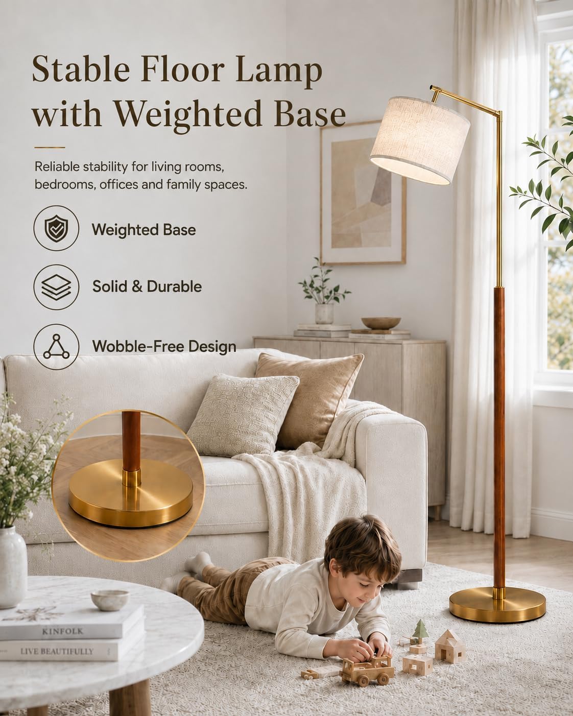 Real Wood Floor Lamps for Living Room, Mid Century Modern Arc Floor Lamp