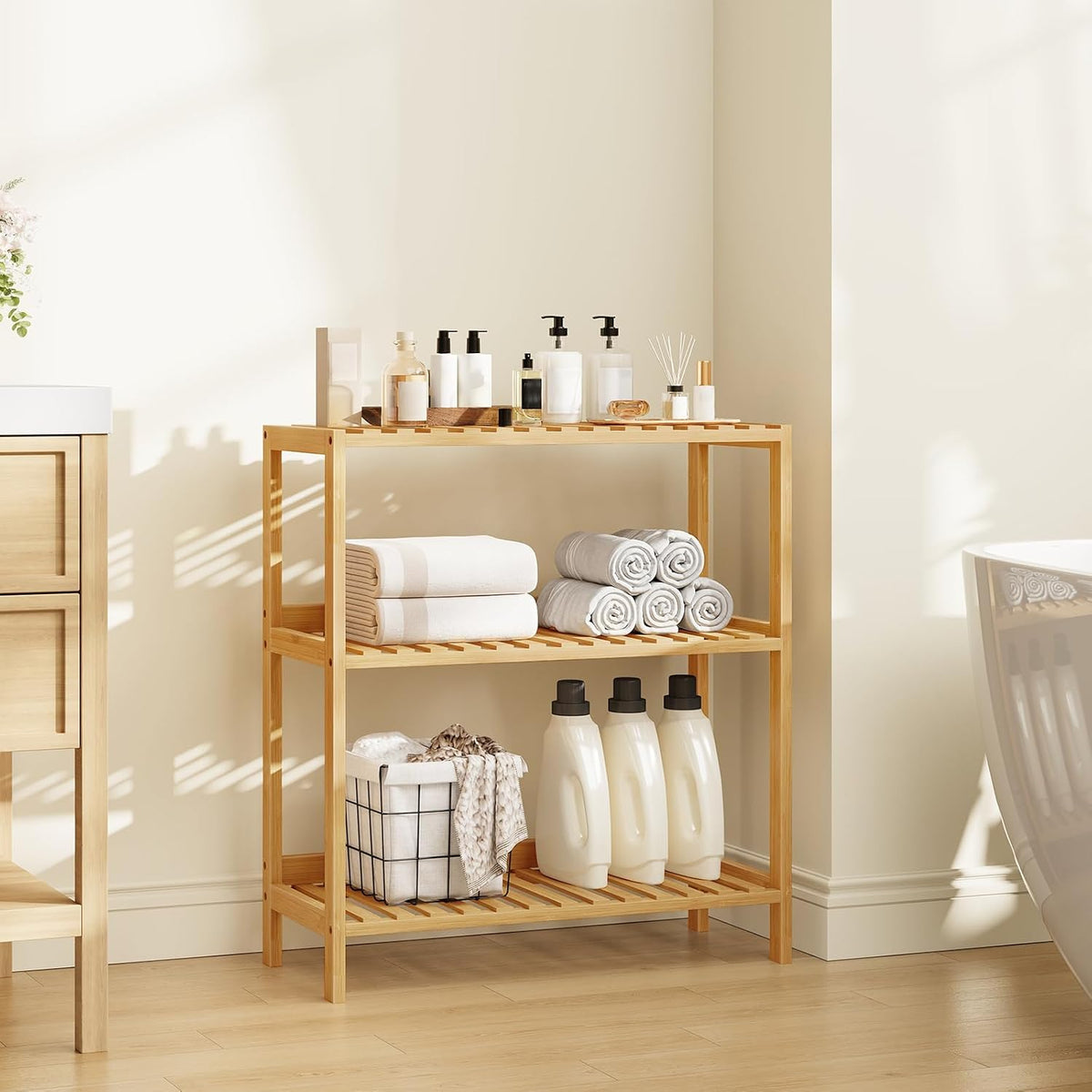HOOBRO Bamboo Storage Shelf, 3-Tier Freestanding Shelving Unit, Multifunctional Storage Rack with Back Panel, 23.6 x 10.2 x 26 inches, for Bathroom, Living Room, Balcony, Kitchen, Natural YL94CJ01