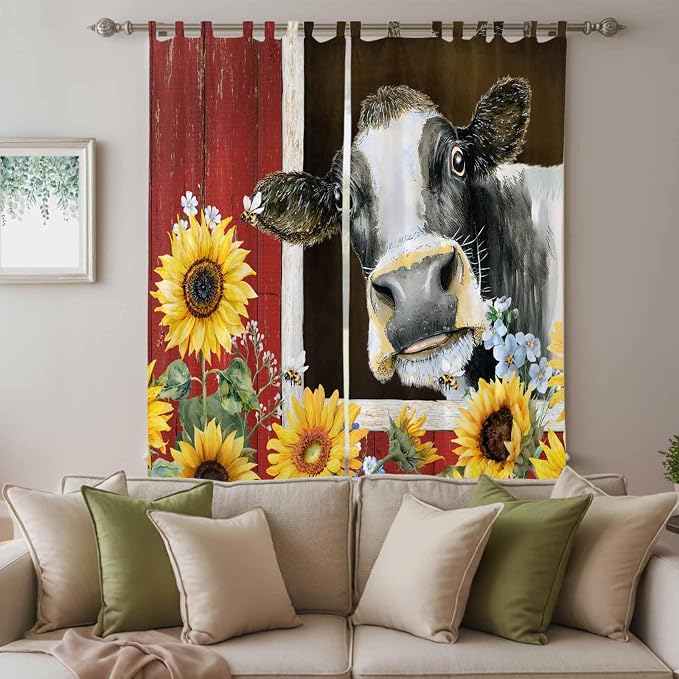Cows Sunflowers Living Room Curtains 96 Inch Length, Window Curtains Tab Top