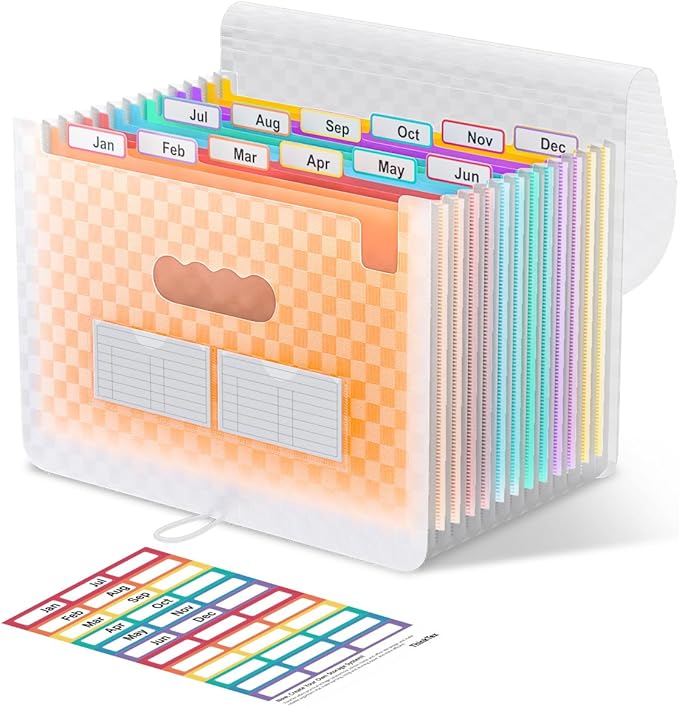 ThinkTex Accordion File Organizer, 12 - Pocket Expanding File Folders for Paper Receipts, Bills&Taxes Organizer, Letter/A4 Size Document Holder for School, Office, Home with Colorful tabs-Orange