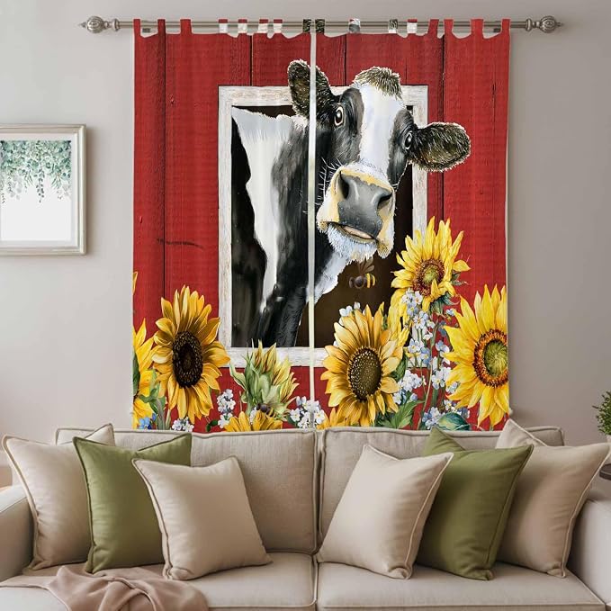 Cows Sunflowers Living Room Curtains 84 Inch Length, Window Curtains Tab Top
