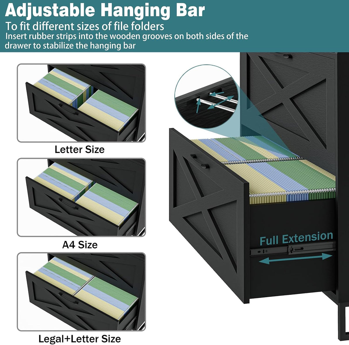 Vabches 2 Drawer Lateral File Cabinet with Charging Station, Black