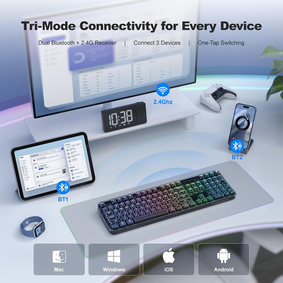 MOFII Clear Curved Ergonomic Wireless Keyboard, Tri-Mode BT5.0/2.4G/USB-C