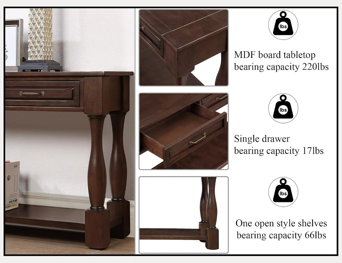 60inch Solid Wood Console Table with 3 Drawers and 1 Bottom Shelf Extra-Thick Sofa Table(Light Espresso)