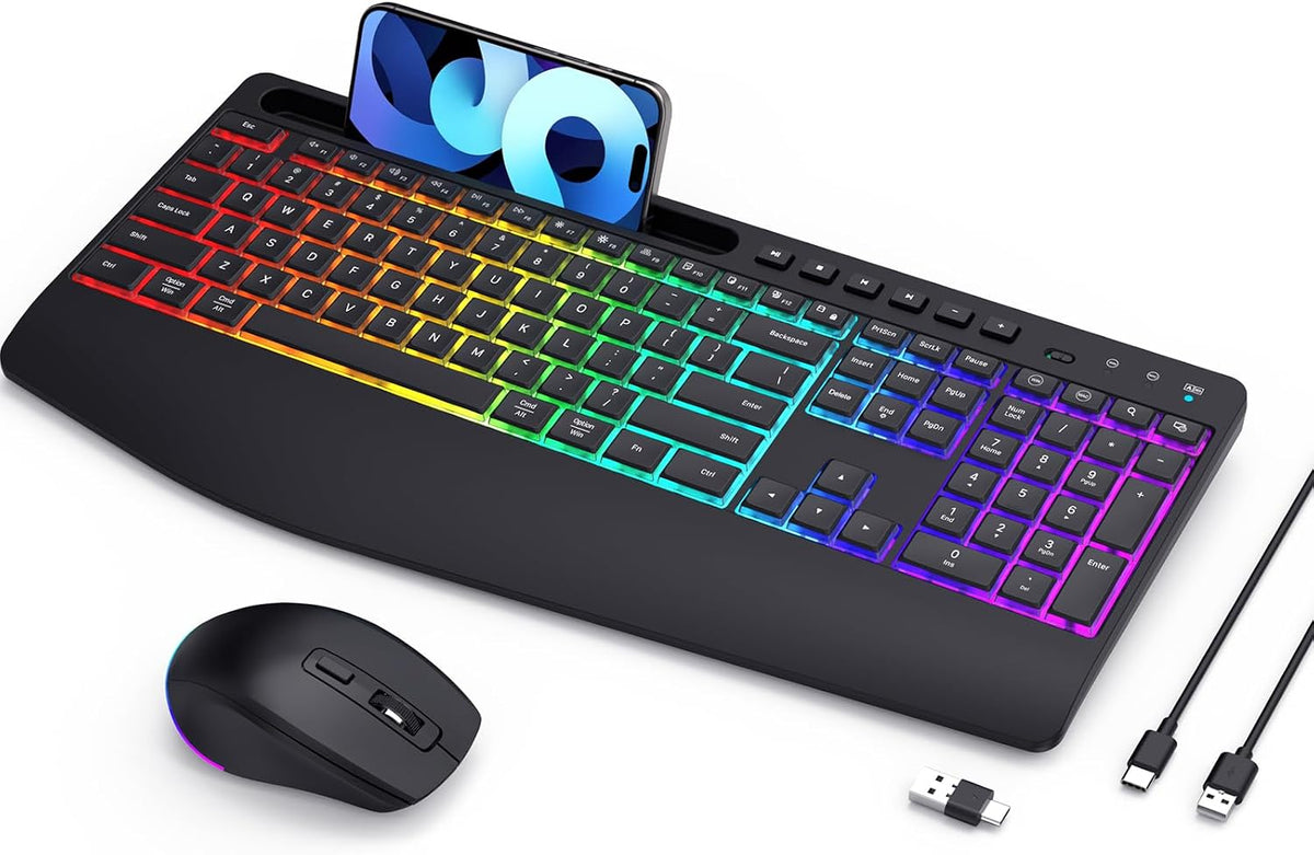 Wireless Keyboard and Mouse Combo - Dual System RGB Backlit Mouse and Keyboard,2.4G Rechargeable,Full-Sized Ergonomic Silent Design with Phone Holder for Windows Mac PC Laptop (Black-V3)