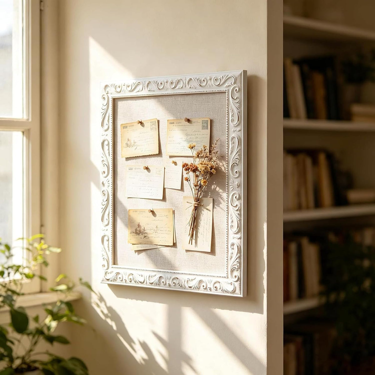 SOFE Small Linen Bulletin Board - White Wood Framed Memo Board 16 × 13 Inch