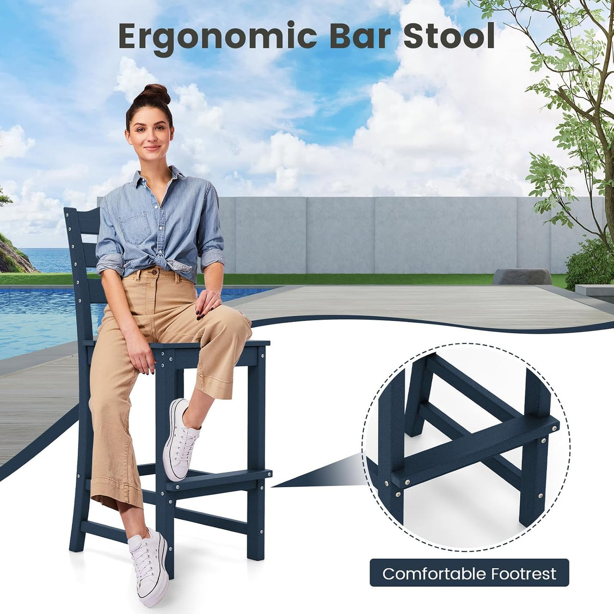 GIANTEX Outdoor HDPE Bar Stool, Patio Tall Bar Chair with Backrest and Footrest, 30 Inches Counter Height Barstools for Garden, Backyard, Weather Resistance, Easy Maintenance (2, Navy)