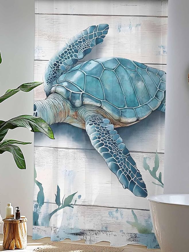 Sheer Curtains 84 Inches Long, Teal Green Sea Turtle Semi Sheer Curtains Light