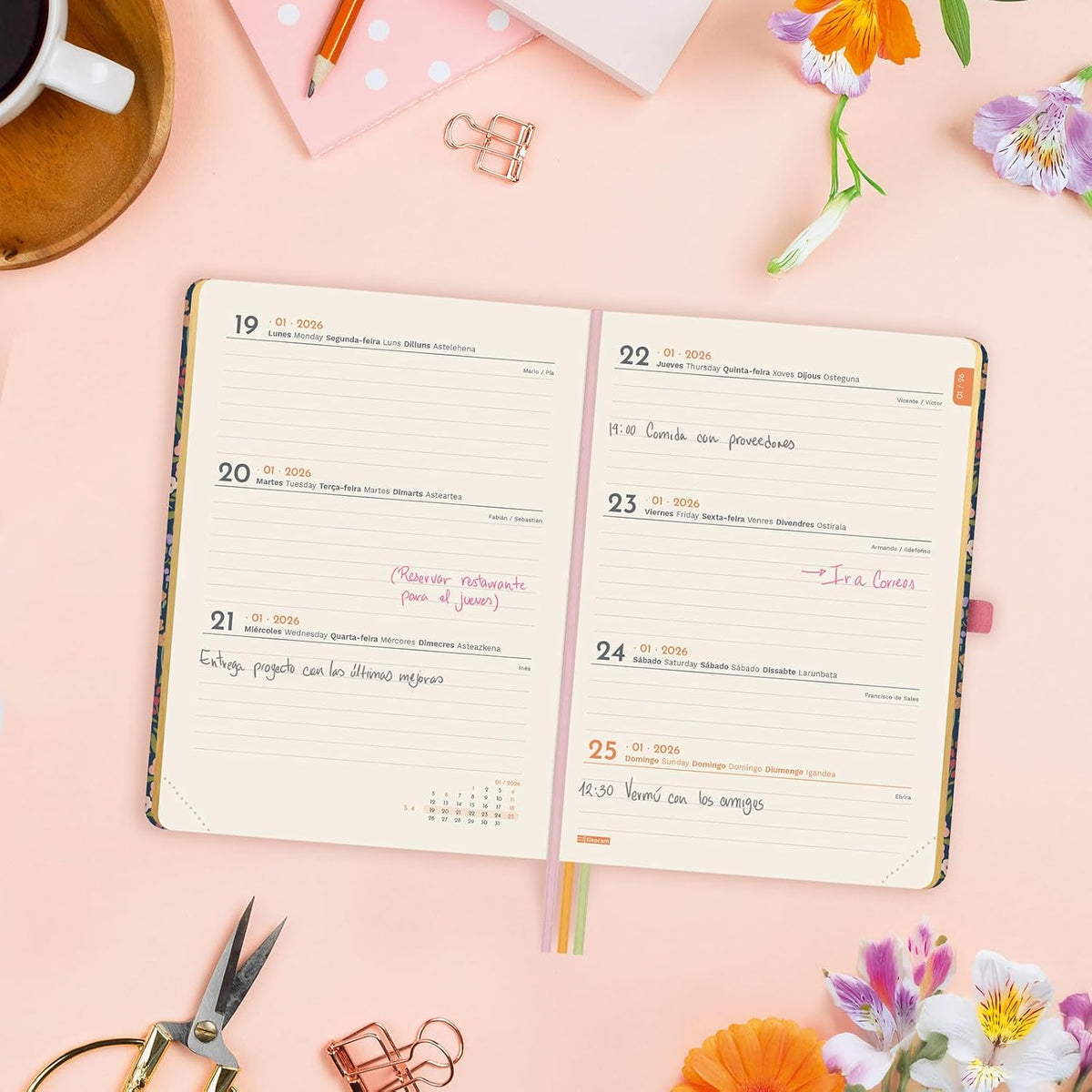 Finocam - Agenda 2026 Week to View Horizontal | January - December (12 months) | 2026 Annual Agenda with Elastic Band and 3 Dot Ribbons | Minimal Design Hardcover - Flora - English