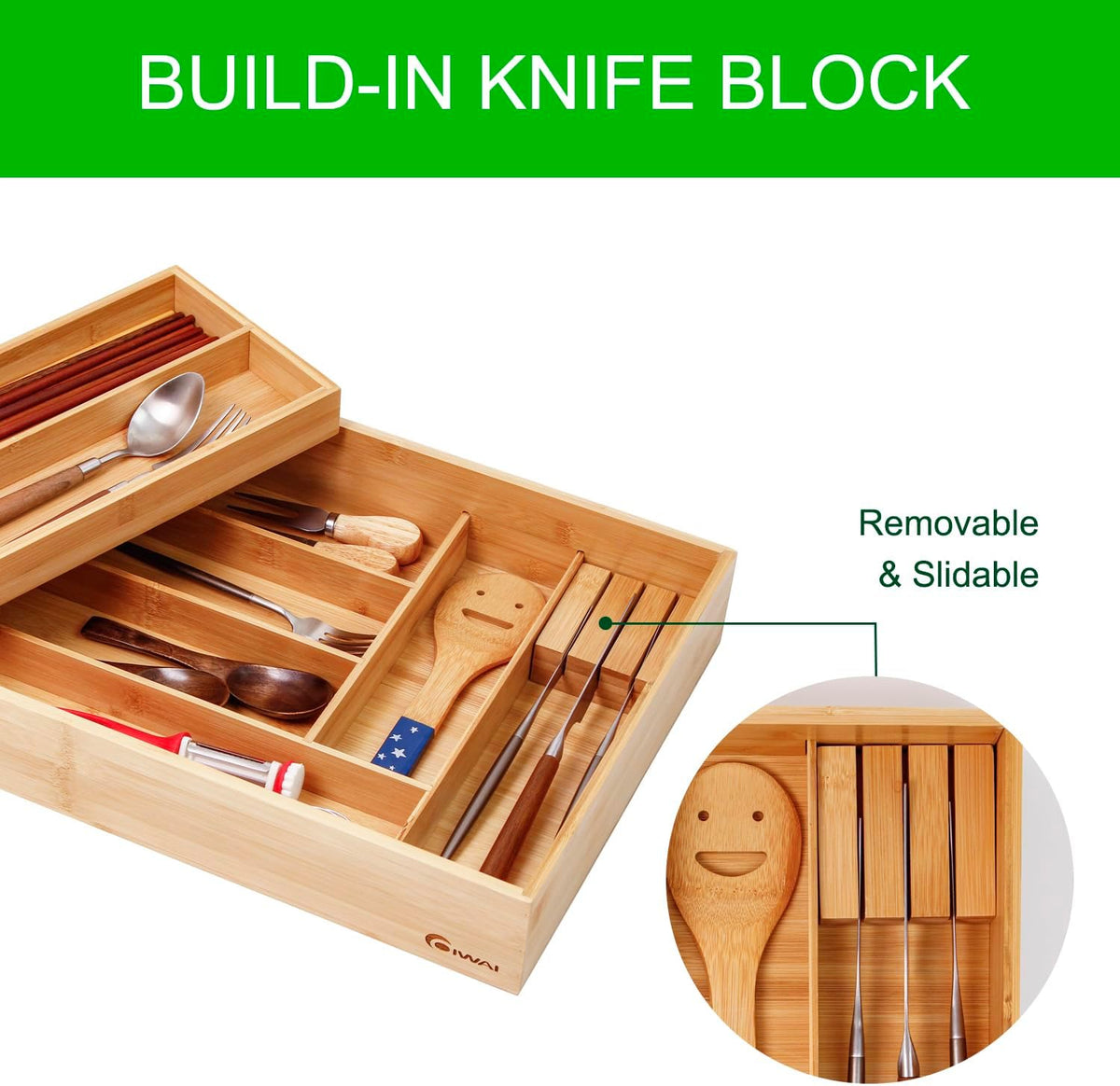 COIWAI Two tier Bamboo kitchen Drawer Organizer Cutlery Utensil Silverware Organizer Tray for Drawer, double layer Holder Drawer Dividers for Flatware (L: 16.85 × 12.2 in)