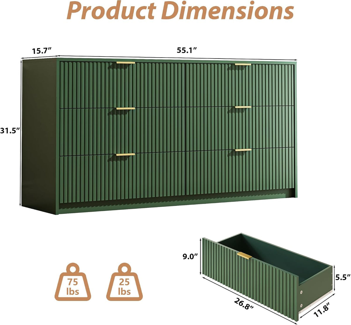 MAISONARIA 55" Wide Fluted 6-Drawer Double Dresser for Bedroom, Green