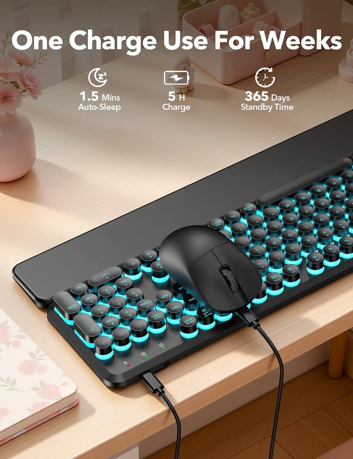 Wireless Keyboard and Mouse Backlit - Round Keycaps, Magnetic Wrist Rest