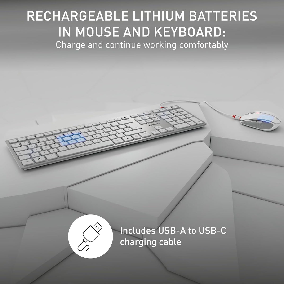 CHERRY DW 9100 Slim, Wireless Keyboard and Mouse Set, Bluetooth & 2.4 GHz RF Connection, Quiet Keys, Comfortable Writing, Rechargeable, QWERTY, Silver/White