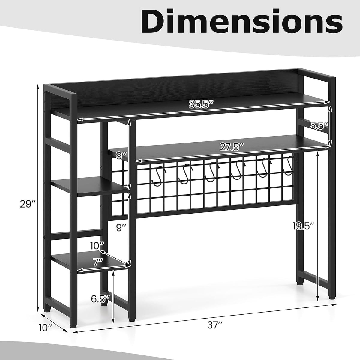 GOFLAME Desktop Bookshelf, 37 Inch Desk Shelf for Computer Monitor, 4-Tier Desk Hutch with Grid Panel 6 Hooks Set, Industrial Countertop Storage Organizer Shelf for Home Office, Dorm (Black)