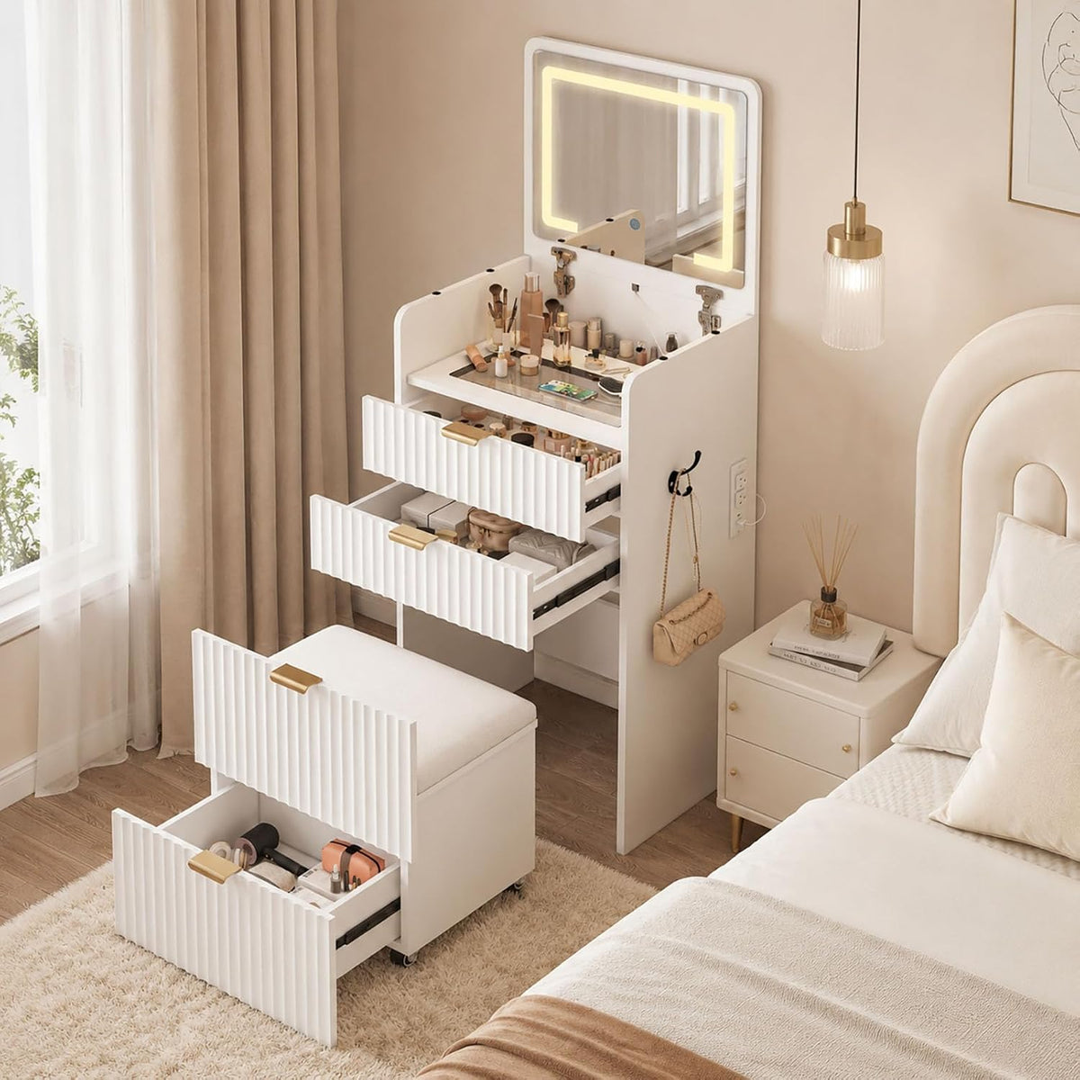 3 in 1 Vanity Desk with Flip Top Mirror and Lights, Small Makeup Vanity with 3 Drawers and Power Outlet, Modern Compact Dressing Table Set with Rolling Hidden Cushioned Stool for Bedroom, White