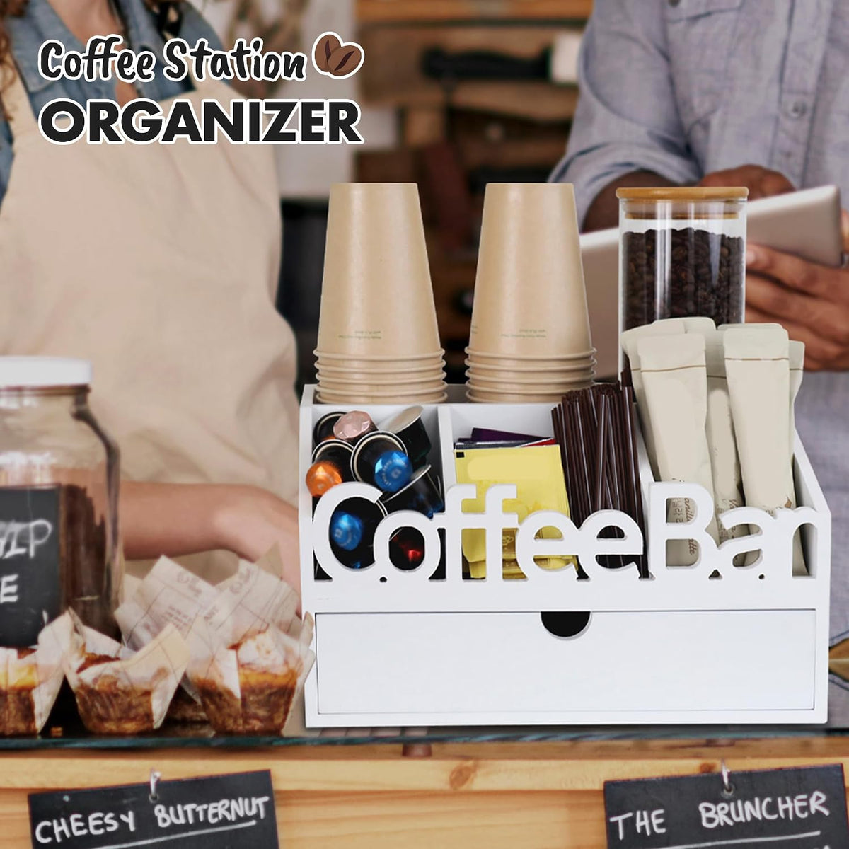 Coffee Bar Organizer Countertop,Wood Coffee Station with Drawer,Home&Office