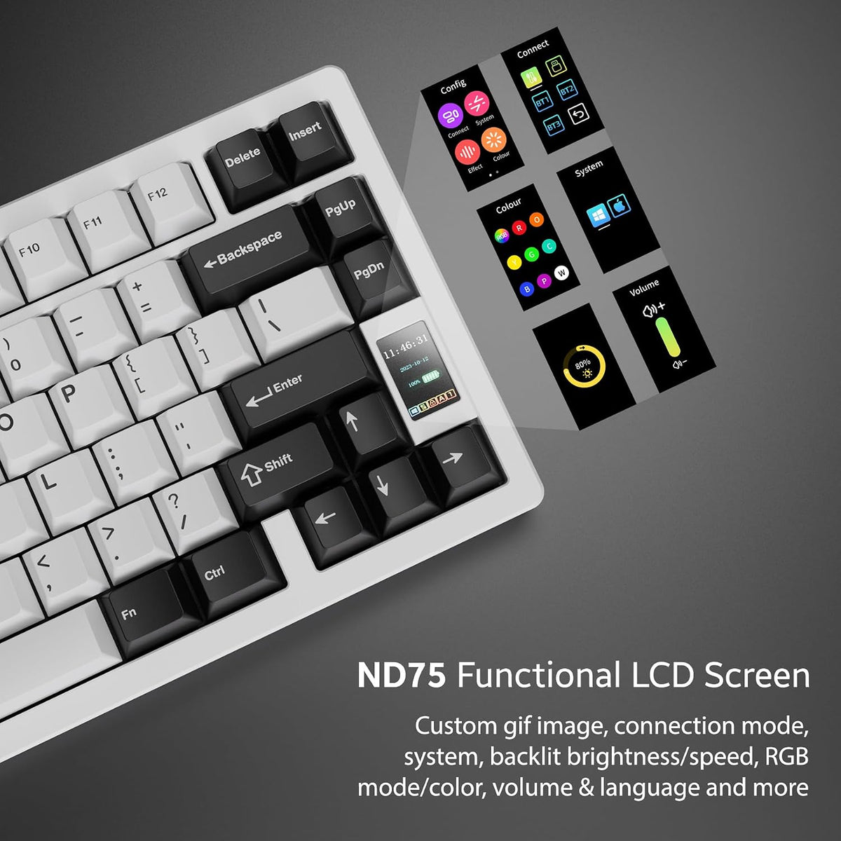 OOCTPK Chilkey ND75 Aluminum Keyboard 75% Percent Wireless Gaming Mechanical Keyboard with LCD Screen, Quick Assembly, BT/2.4G/USB-C, Hot Swappable Per-Key RGB Custom Keyboard for Laptop Office PC