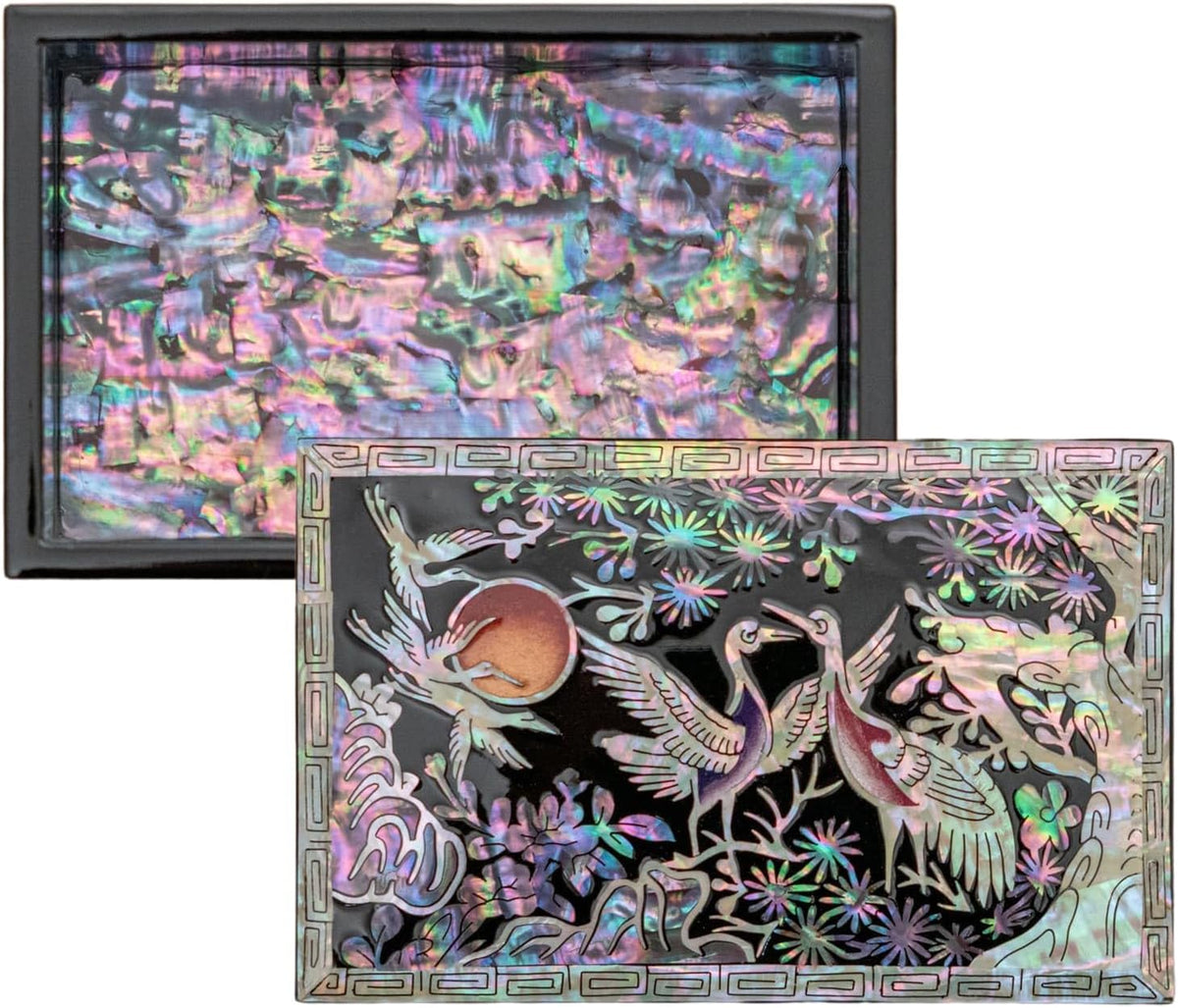February Mountain Mother of Pearl Trinket Box Organizer for Business Cards, Jewelry or Keys - Small Wooden Box Inlaid - Gifts for Women and Men Ideal for Gifts and Keepsakes (Crane with Pine Tree)