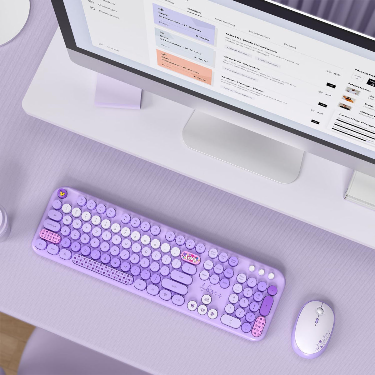 MOFII Wireless Keyboard and Mouse Combo - Pale Purple Full Sized Plug and Play Colorful Computer Keyboards - 104 Keys Round Keycap USB 2.4G Cute Keyboard for Windows/Laptop/Mac/Desktop/PC